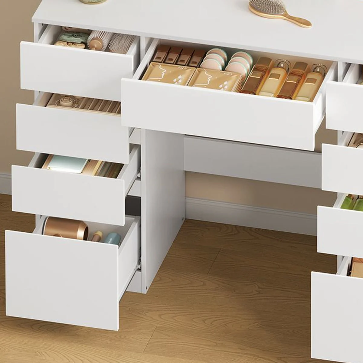 The drawers open, filled with make-up