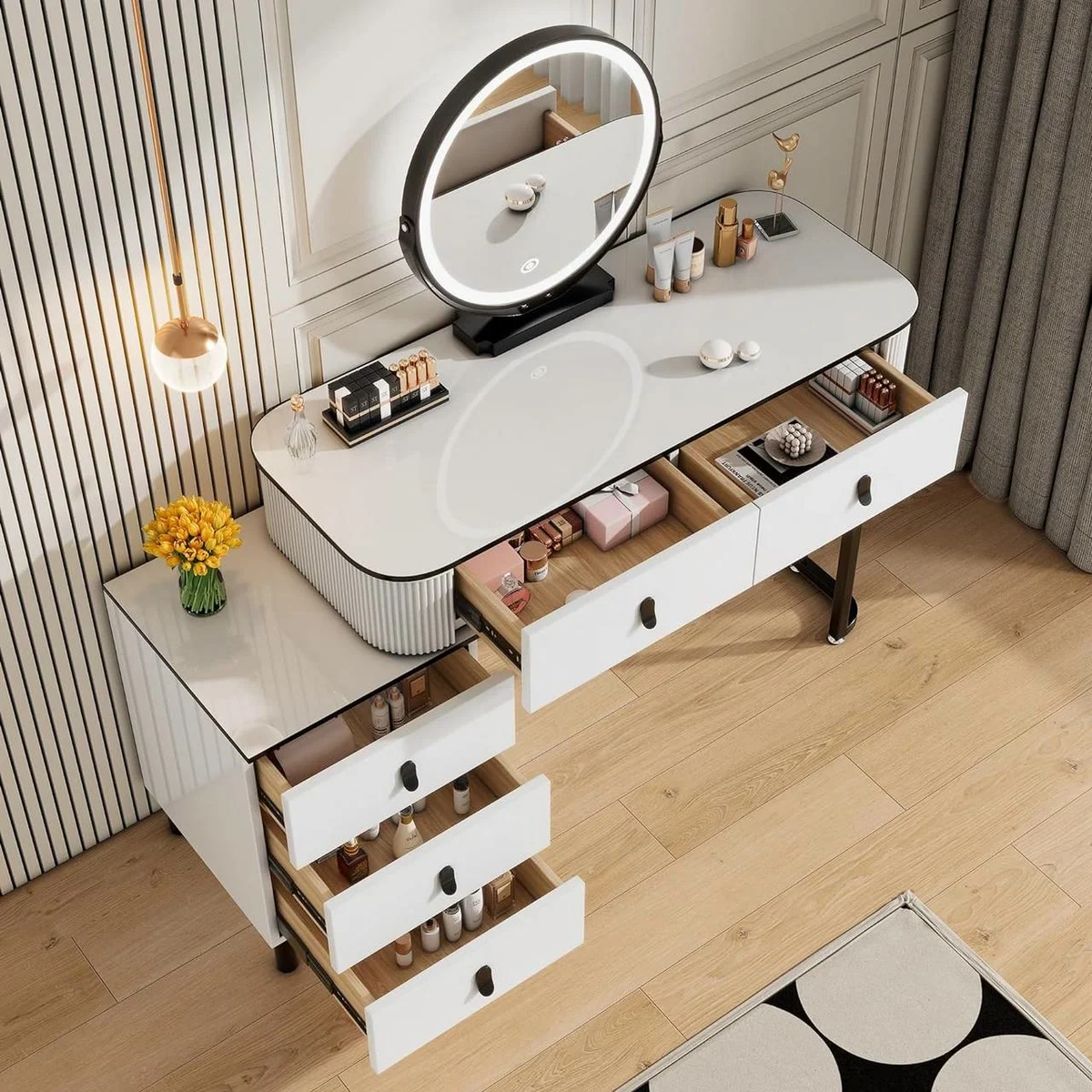 The 5 solid wood drawers open, seen from above