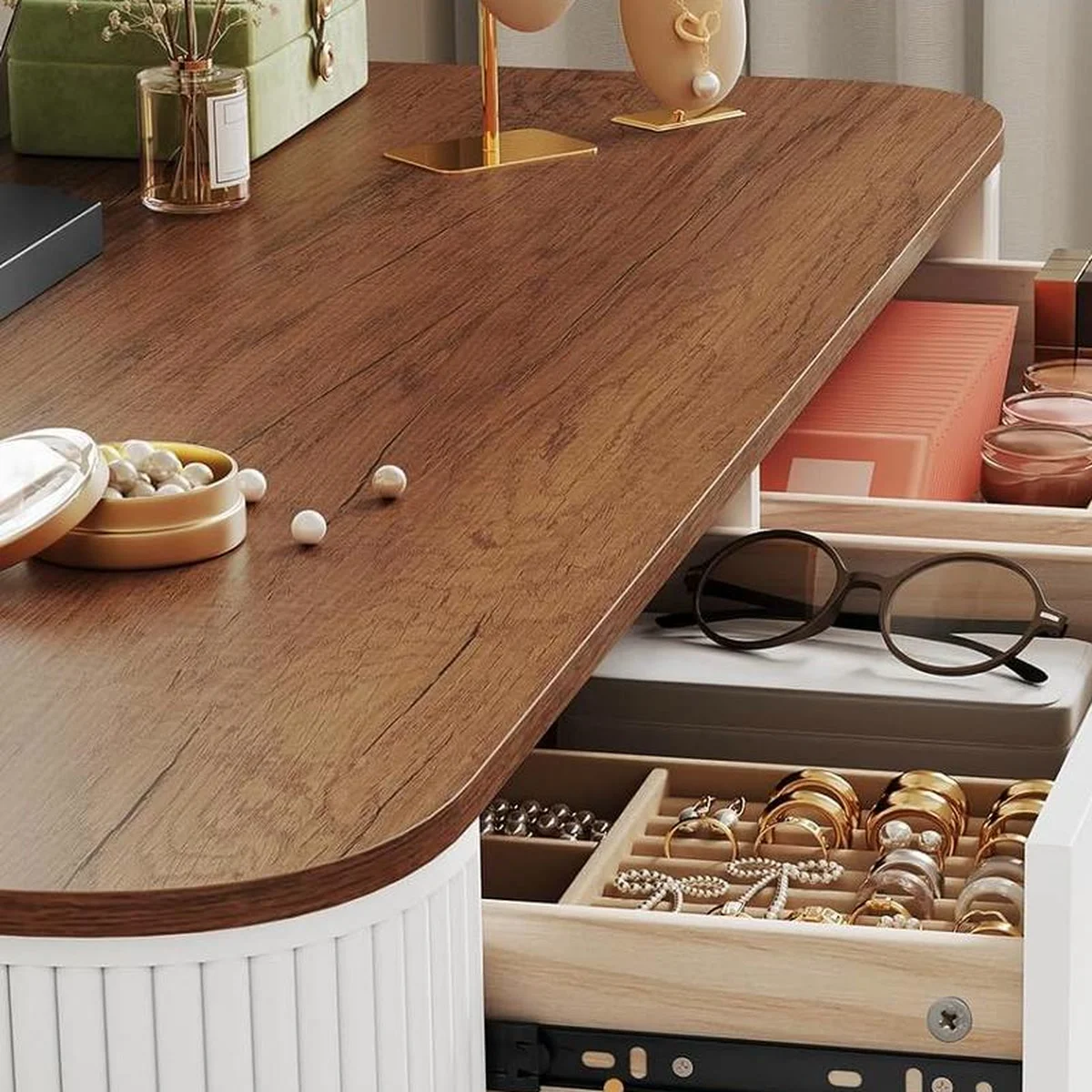 The solid wood drawers open, under the walnut-effect top
