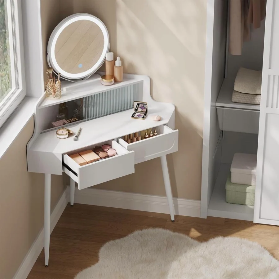 The 2 large drawers open and the glass-fronted compartment