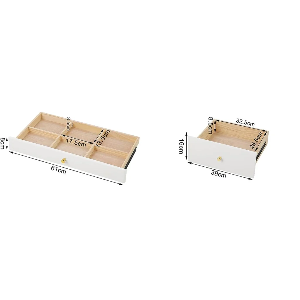 The drawers: 61 cm wide with 6 compartments; 39 cm wide and 16 cm high