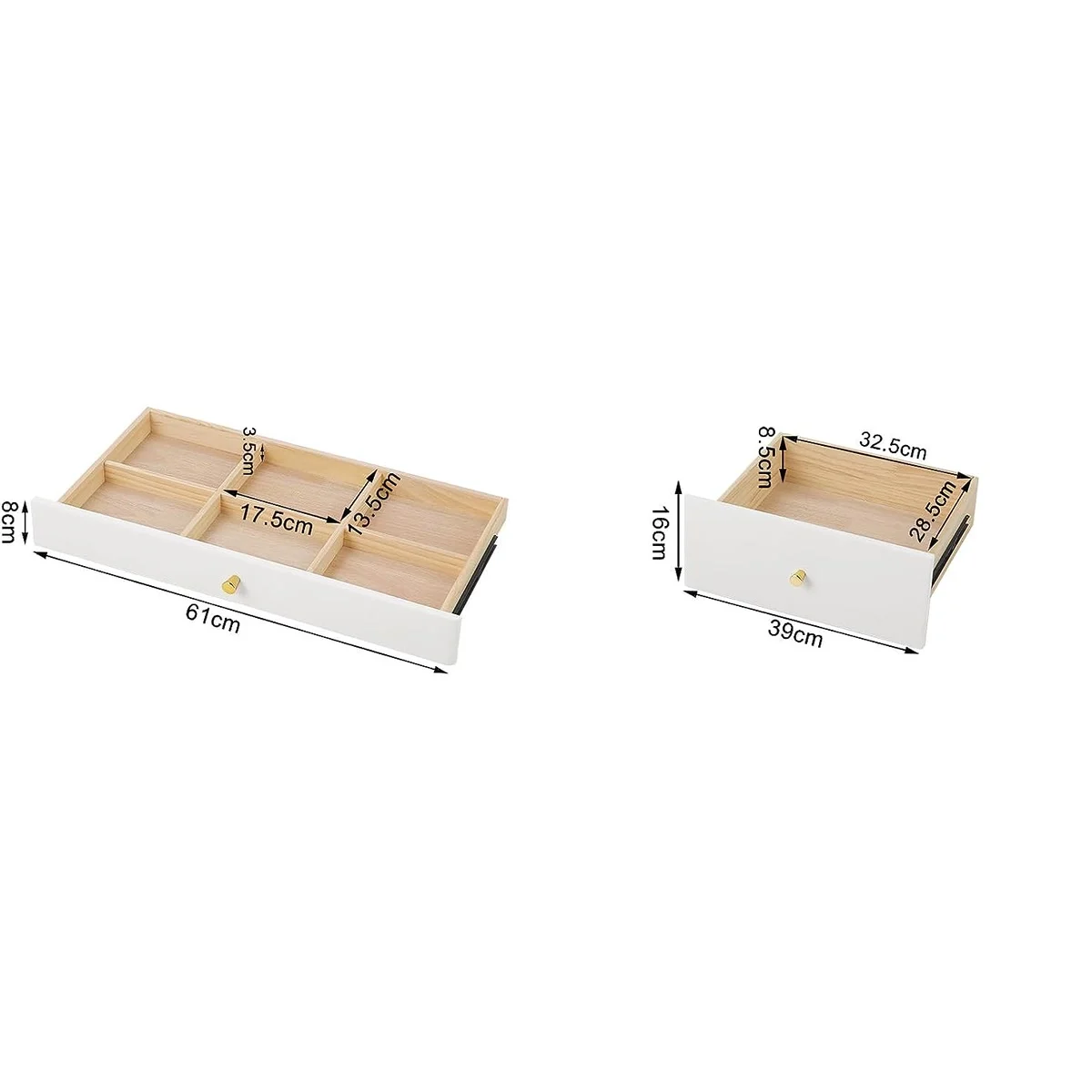 The drawers: 61 cm wide with 6 compartments; 39 cm wide and 16 cm high