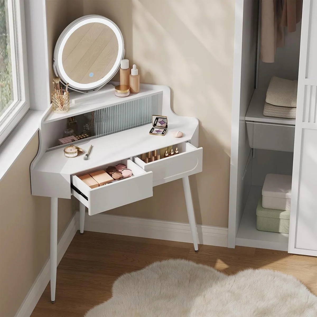 The 2 large drawers open and the glass-fronted compartment