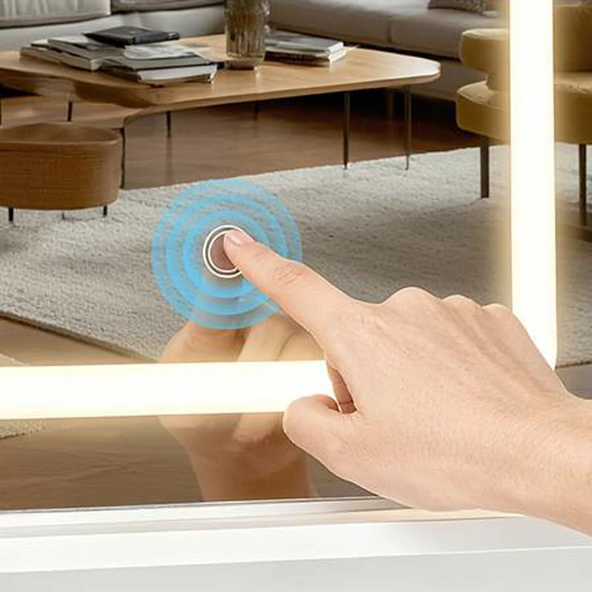 A finger on the touch button of the LED mirror