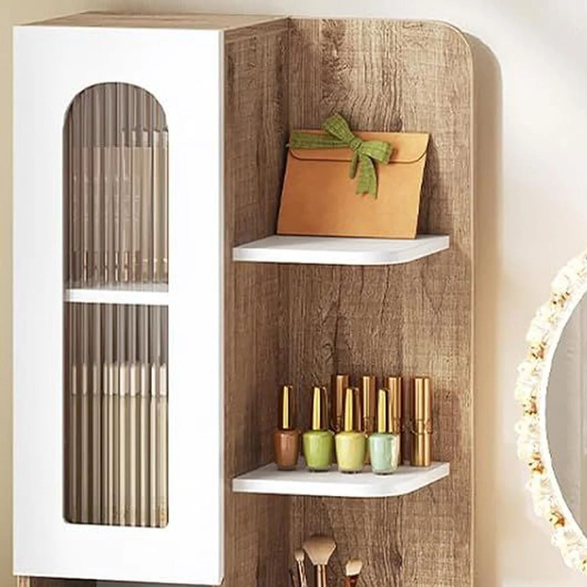 The glass-fronted upper cupboard and the open shelves